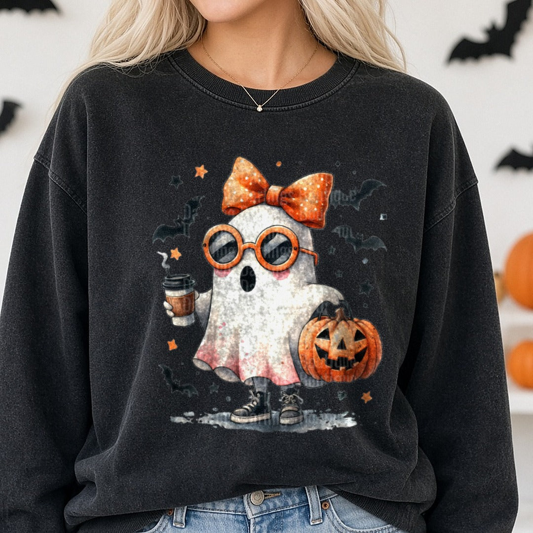 Halloween Fall Ghost Pumpkin DTF transfer shown on a Comfort Colors sweatshirt