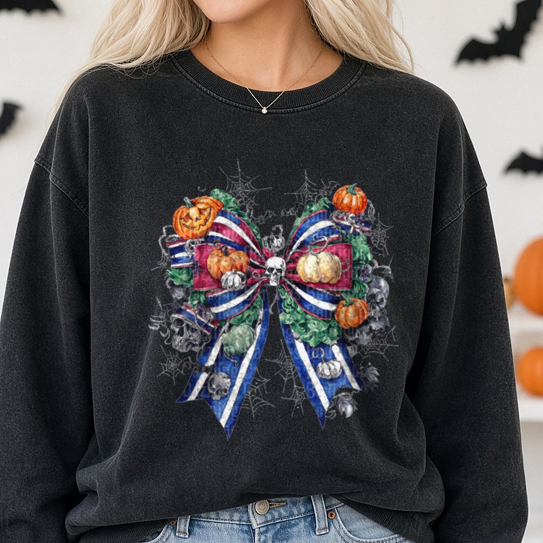 Halloween Fall Coquette Bow Navy Stripe Pumpkins Skull DTF transfer shown on a Comfort Colors sweatshirt
