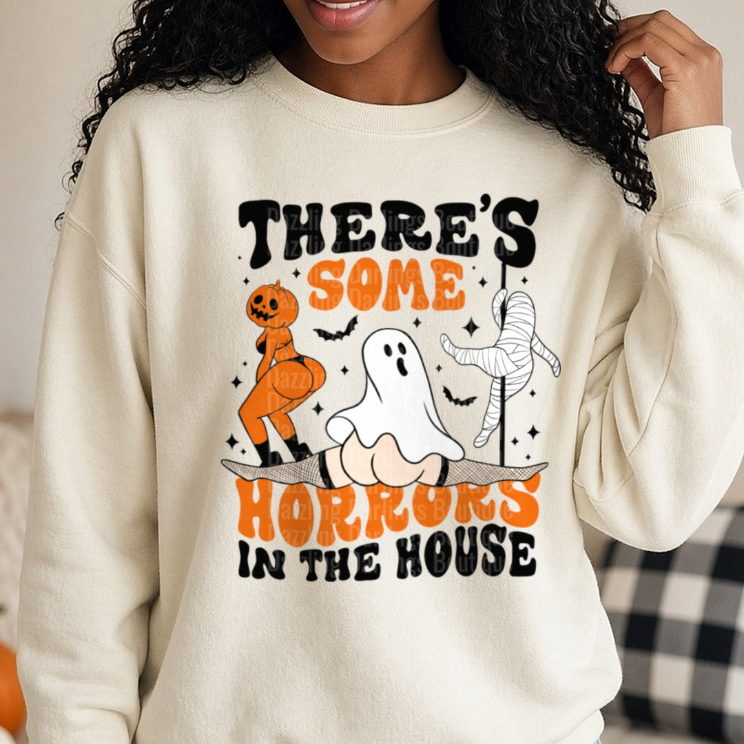 Halloween Fall There's Some Horrors in the House DTF transfer shown on a Comfort Colors sweatshirt