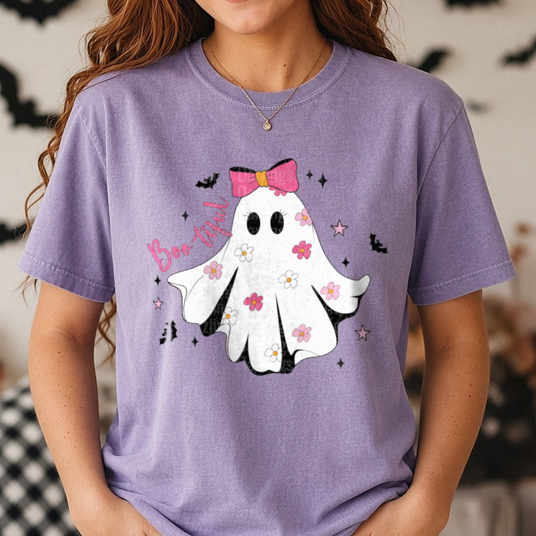 Halloween Fall Ghost Boo-Tiful DTF transfer shown on a Comfort Colors tee