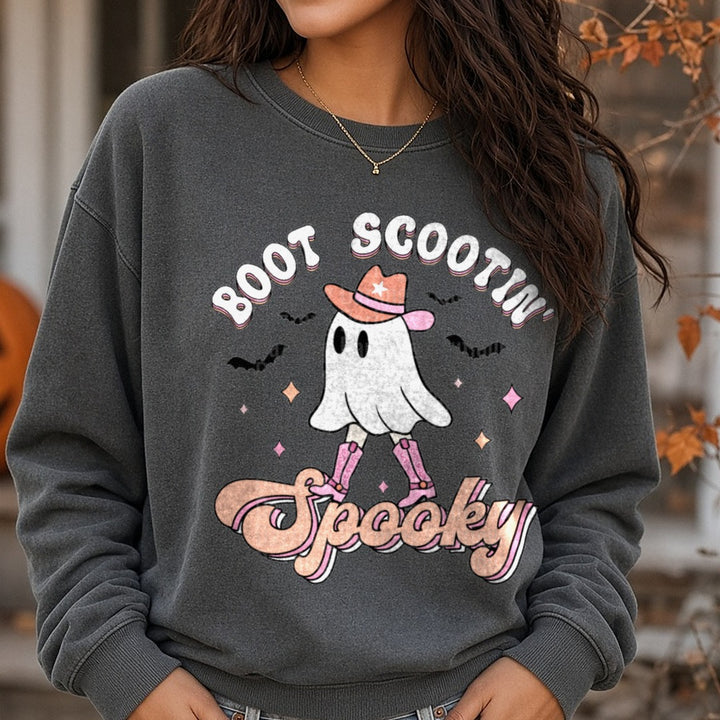 Halloween Fall Boot Scootin Spooky DTF transfer shown on a Comfort Colors sweatshirt