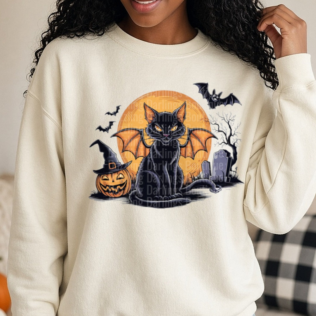 Halloween Fall Black Cat Bat Pumpkin DTF transfer shown on a Comfort Colors sweatshirt
