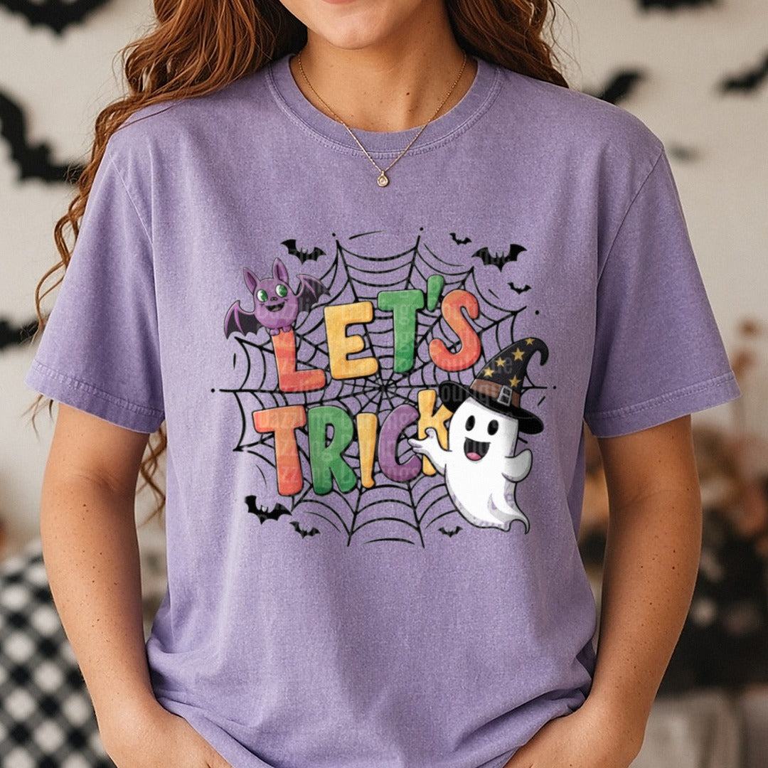Halloween Fall Let's Trick DTF transfer shown on a Comfort Colors tee