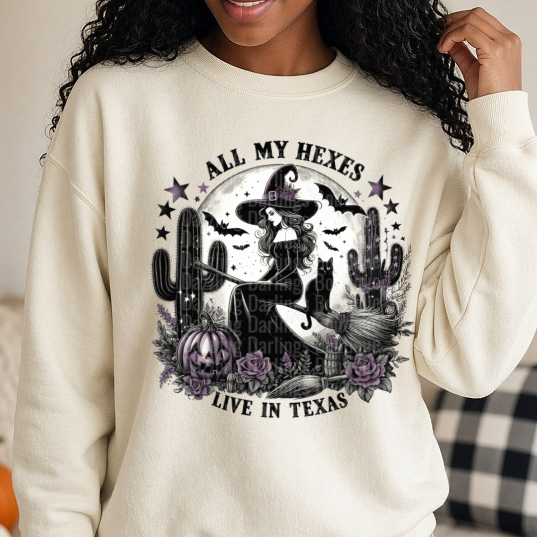 Halloween Fall All My Hexes Live in Texas DTF transfer shown on a Comfort Colors sweatshirt