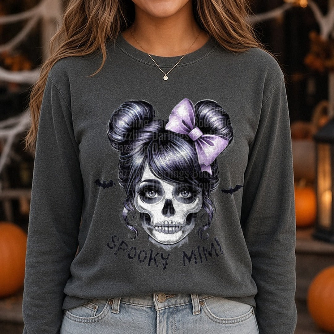 Halloween Fall Spooky Mimi DTF transfer shown on a Comfort Colors long sleeve tee