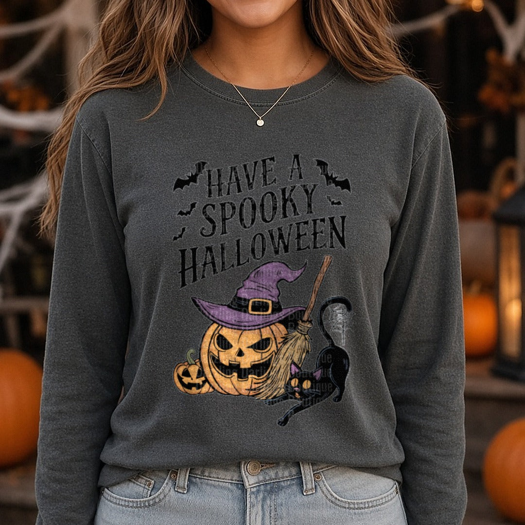 Halloween Fall Have a Spooky Halloween DTF transfer shown on a Comfort Colors long sleeve tee