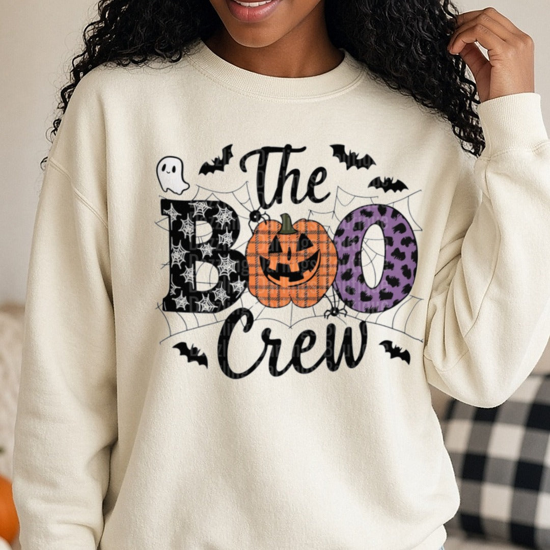 Halloween Fall the BOO Crew DTF transfer shown on a Comfort Colors sweatshirt