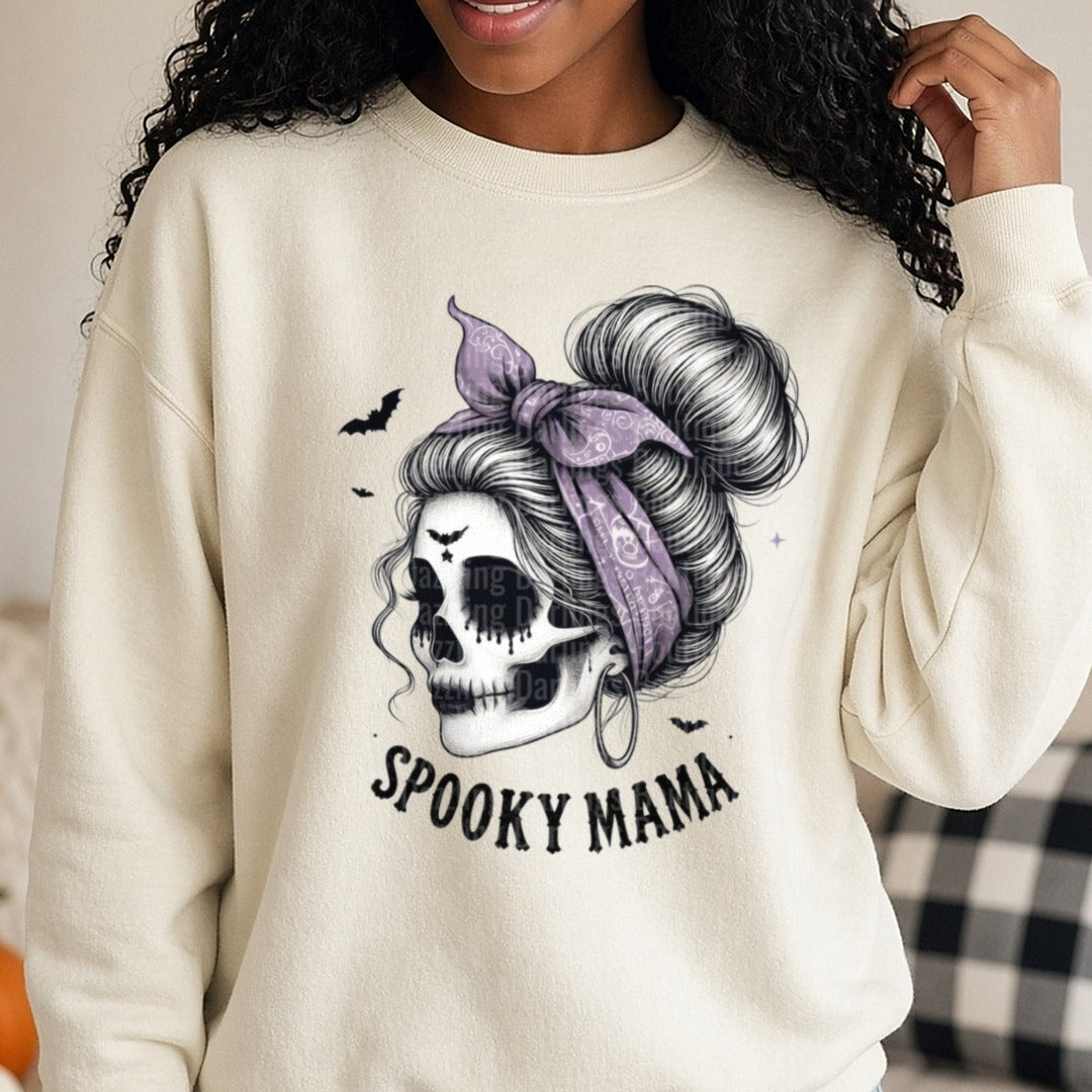 Halloween Fall Spooky Mama DTF transfer shown on a Comfort Colors sweatshirt