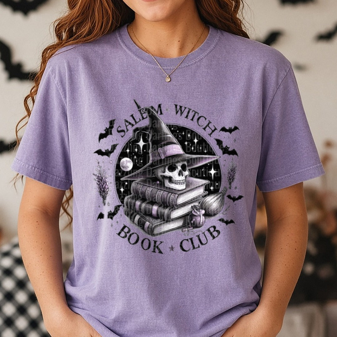 Halloween Fall Salem Witch Book Club DTF transfer shown on a Comfort Colors tee