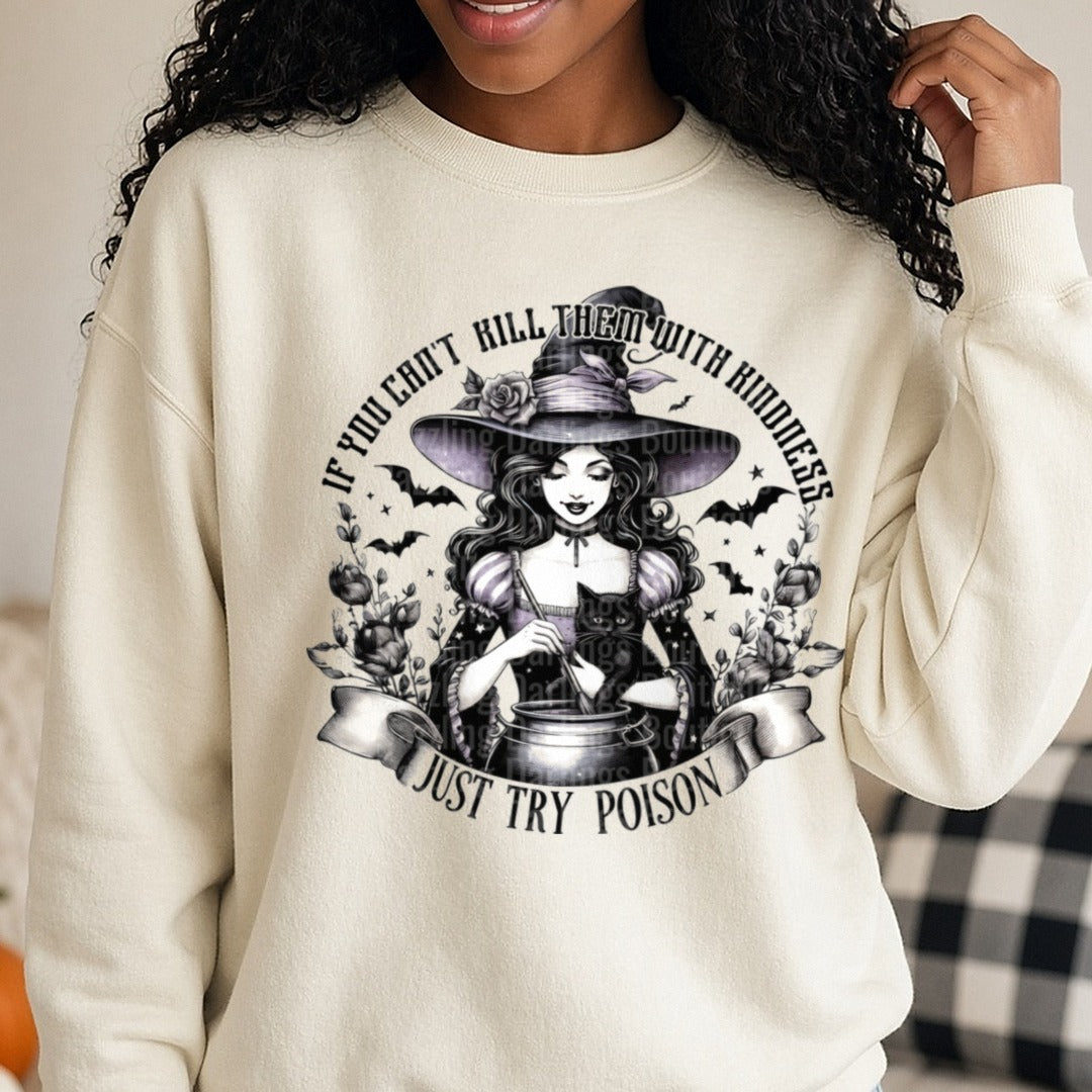 Halloween Fall Witch Just Try Poison DTF transfer shown on a Comfort Colors sweatshirt
