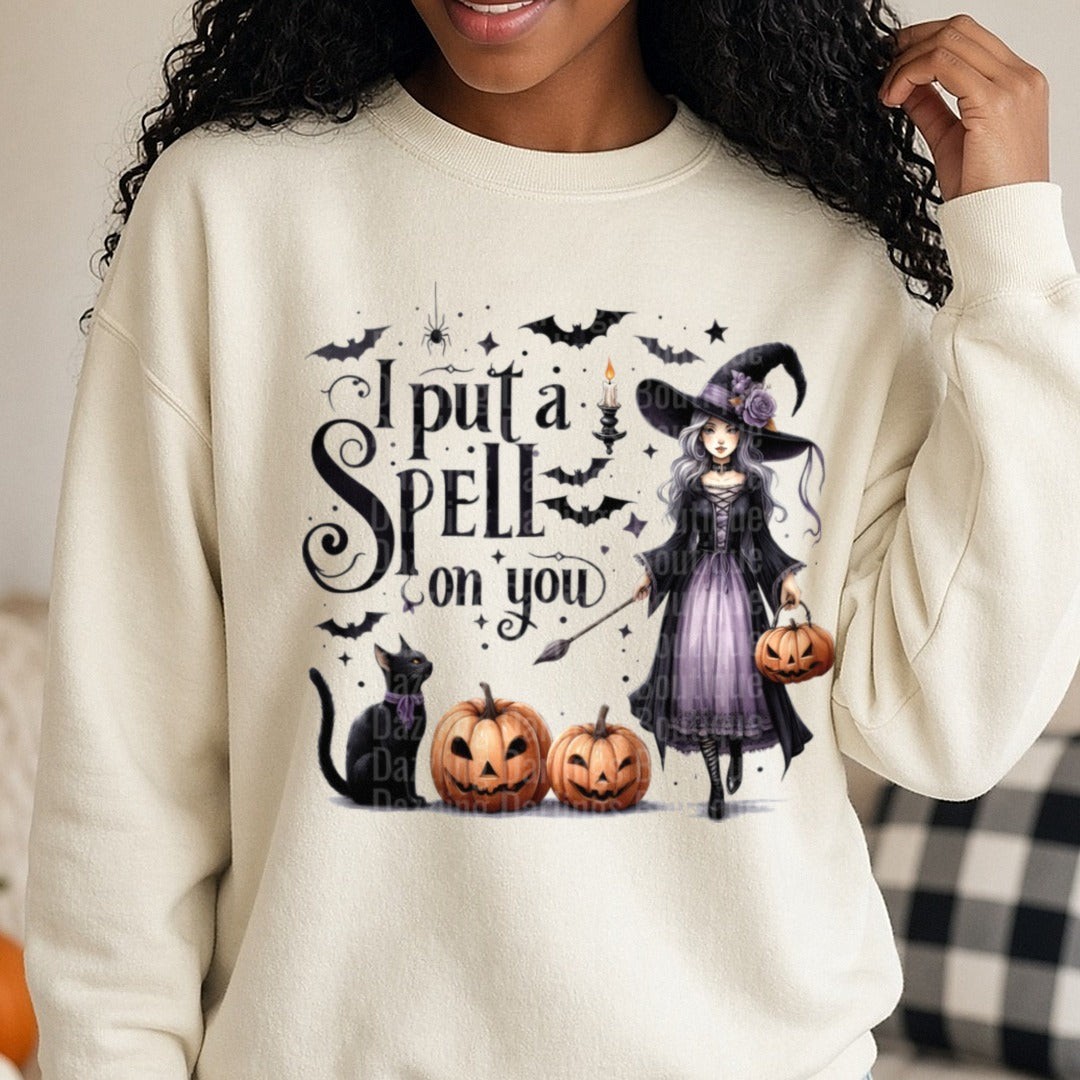 Halloween Fall Witch I Put a Spell on You DTF transfer shown on a Comfort Colors sweatshirt