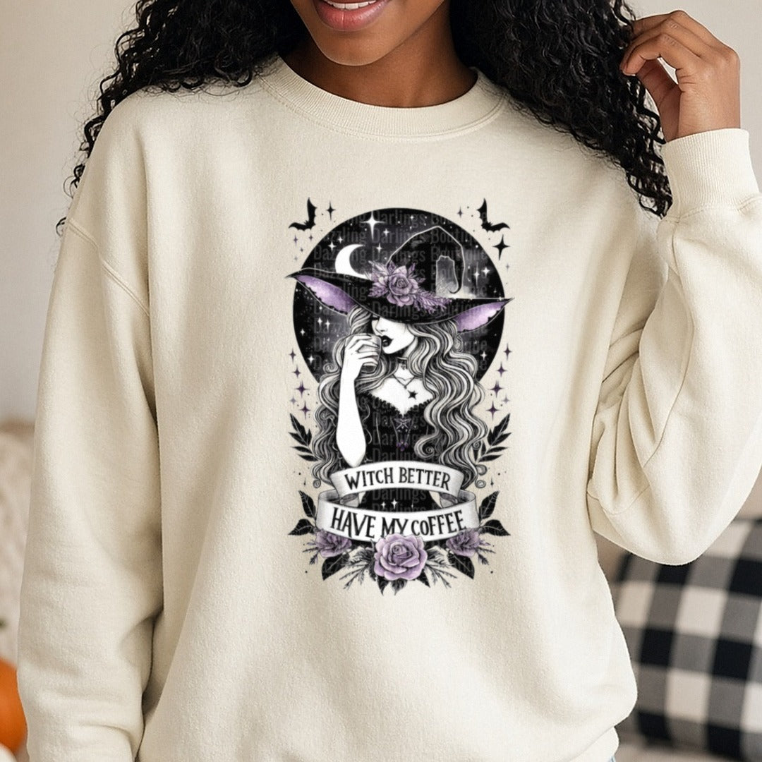 Halloween Fall Witch Better Have My Coffee DTF transfer shown on a Comfort Colors sweatshirt