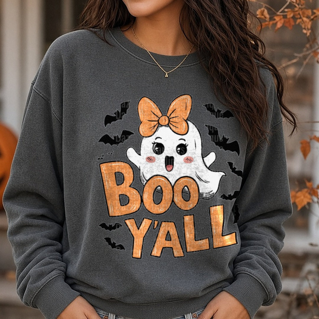 Halloween Fall Ghost BOO Y'all DTF transfer shown on a Comfort Colors sweatshirt