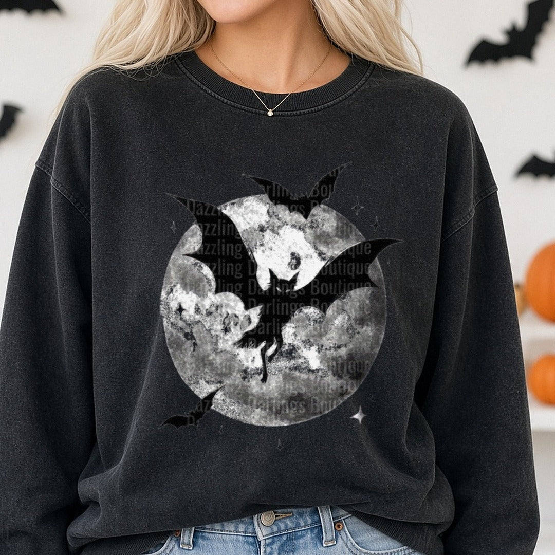 Halloween Fall Moon and Bat DTF transfer shown on a Comfort Colors sweatshirt