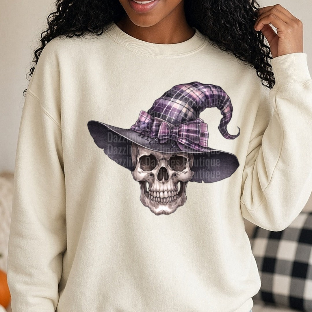 Halloween Fall Skull Skeleton DTF transfer shown on a Comfort Colors sweatshirt