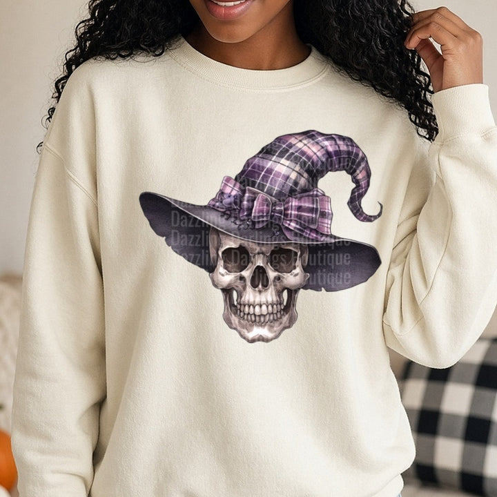 Halloween Fall Skull Skeleton DTF transfer shown on a Comfort Colors sweatshirt