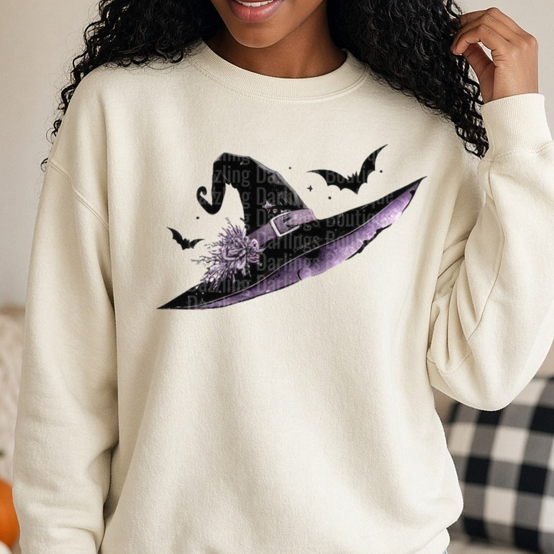 Halloween Fall Witch Hat DTF transfer shown on a Comfort Colors sweatshirt