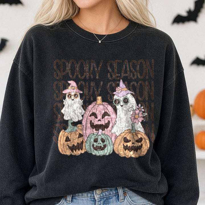 Halloween Fall Pumpkin Stacked Spooky Season DTF transfer shown on a Comfort Colors sweatshirt