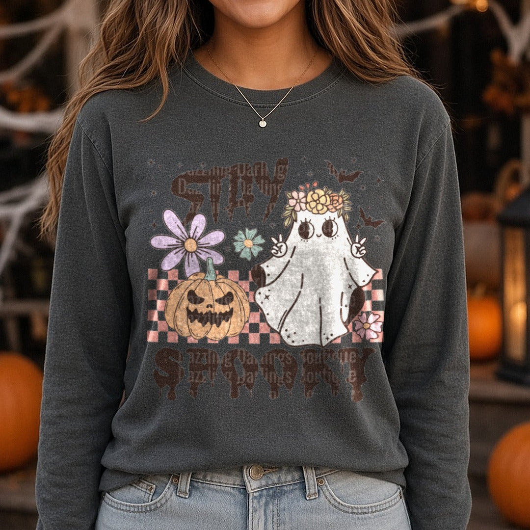 Halloween Fall Stat Spooky Pumpkin Ghost Retro DTF transfer shown on a Comfort Colors long sleeve tee