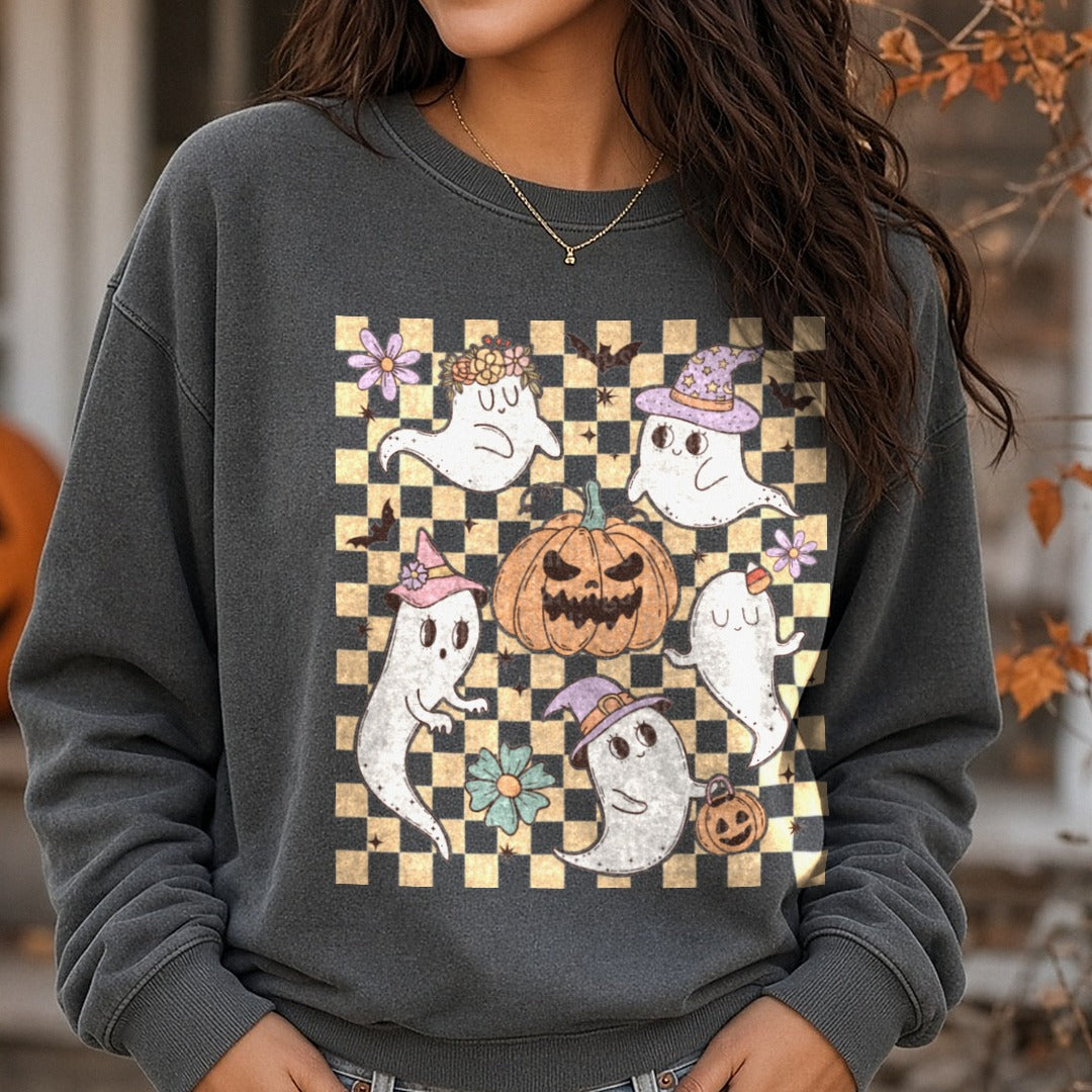 Halloween Fall Retro Ghost Collage DTF transfer shown on a Comfort Colors sweatshirt