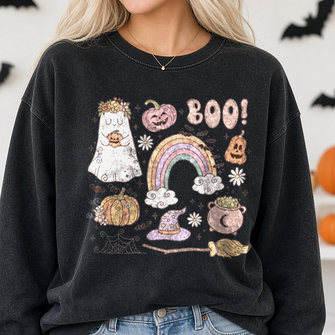 Halloween Fall Retro BOO Collage DTF transfer shown on a Comfort Colors sweatshirt