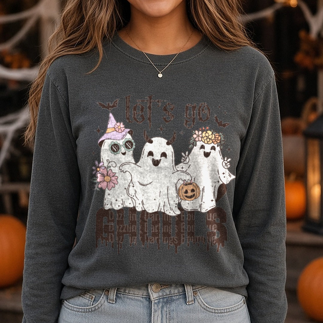 Halloween Fall Let's Go Ghouls Retro DTF transfer shown on a Comfort Colors long sleeve tee
