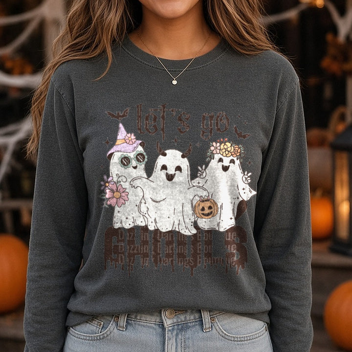 Halloween Fall Let's Go Ghouls Retro DTF transfer shown on a Comfort Colors long sleeve tee