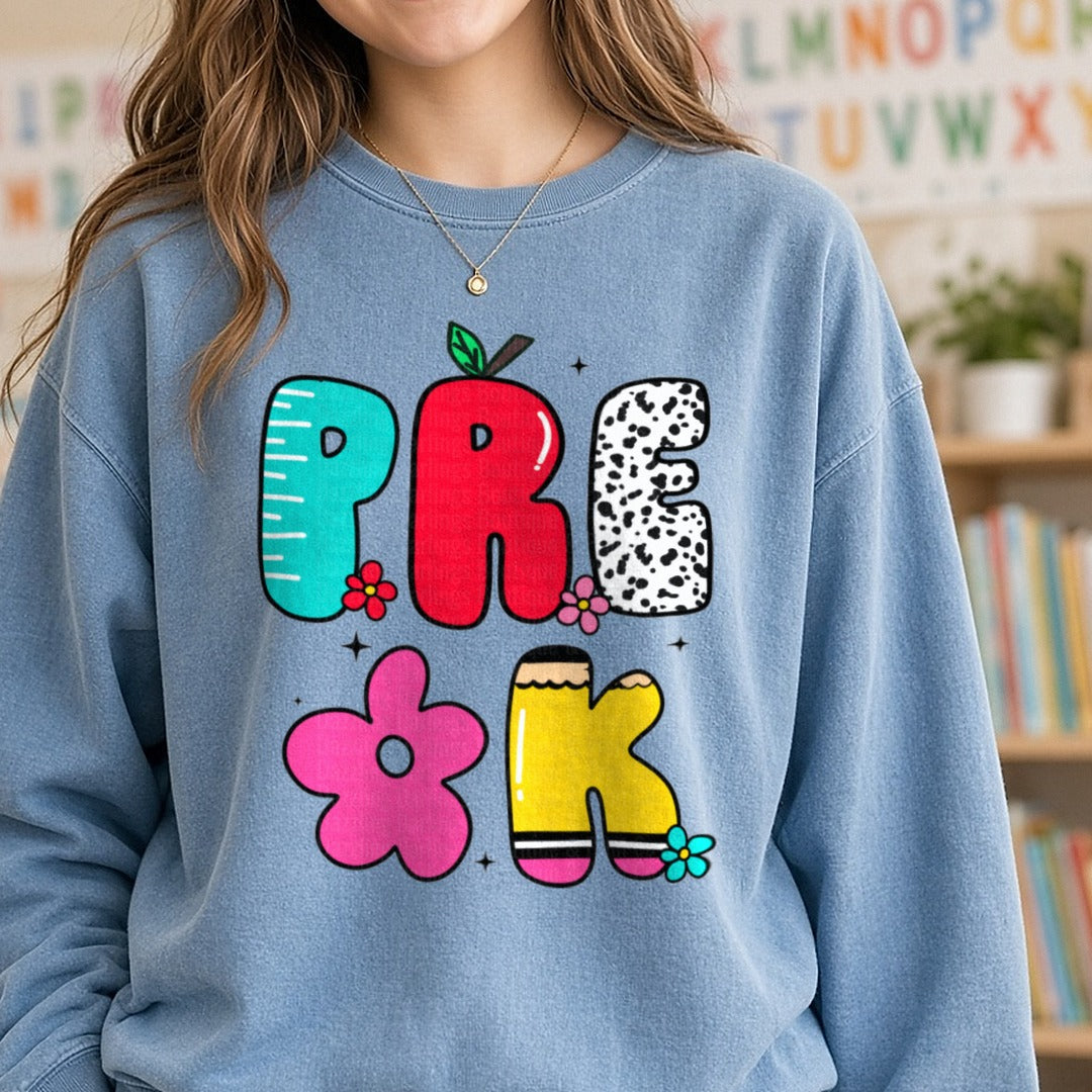 Prek Doodles DTF transfer shown on a Comfort Colors sweatshirt