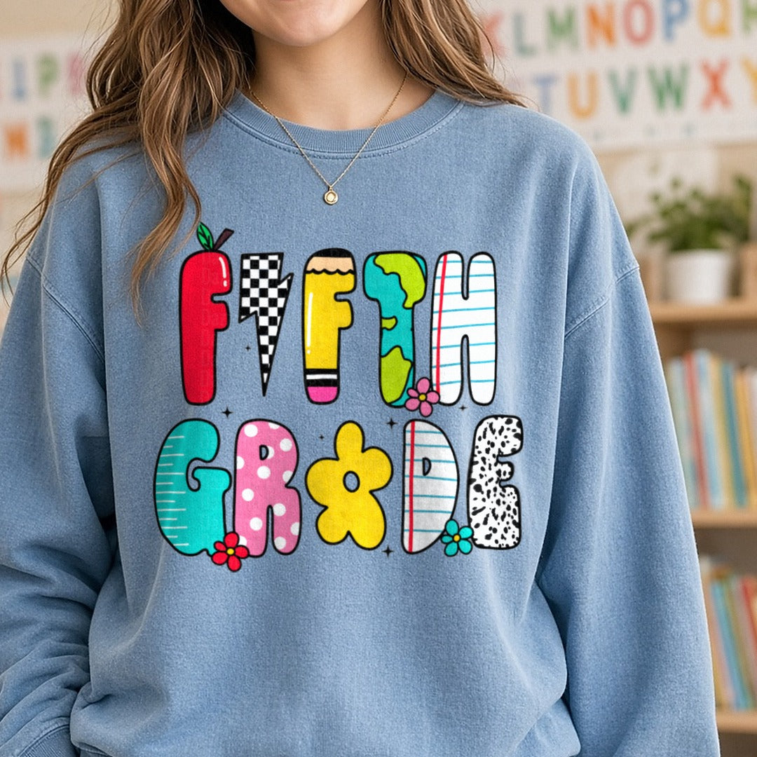 5th Doodles DTF transfer shown on a Comfort Colors sweatshirt