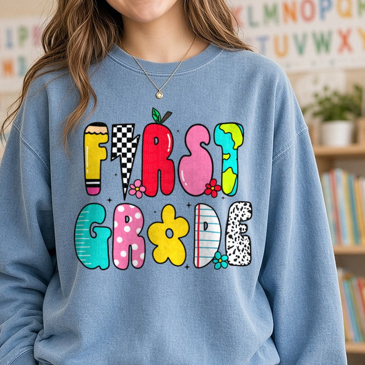 1st Doodles DTF transfer shown on a Comfort Colors sweatshirt