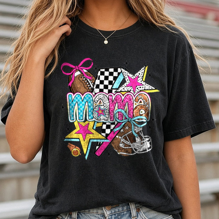 Football Mama Pink Bows Checkered Lightning Bolt Helmet DTF transfer shown on a Comfort Colors tee