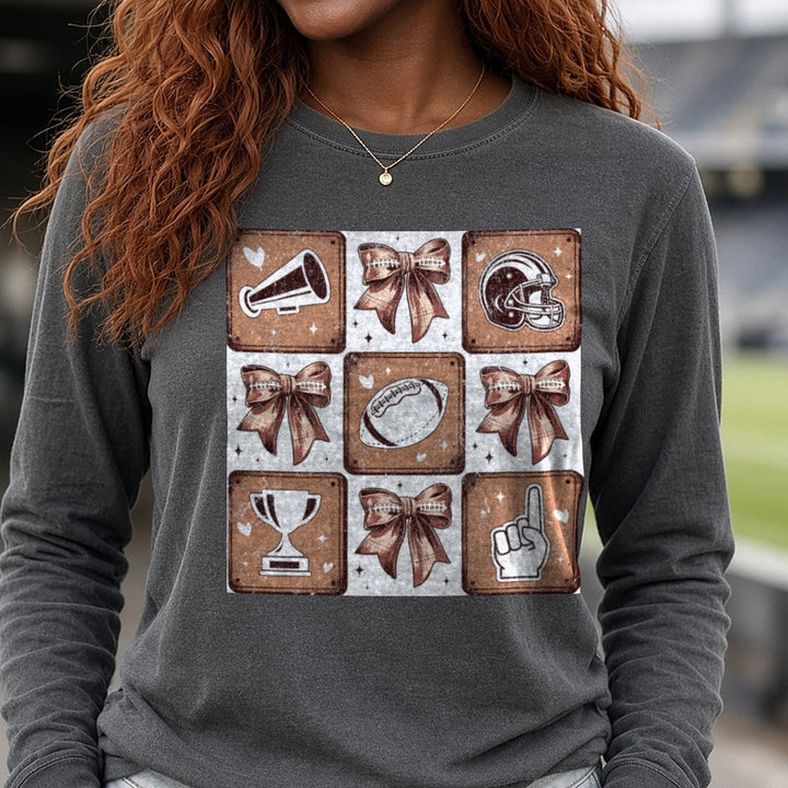 168. Retro Checkered Football Coquette DTF transfer shown on a Comfort Colors long sleeve tee