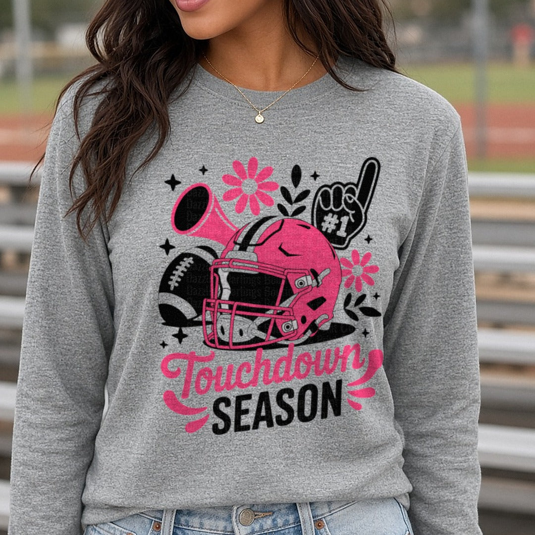 Touchdown Season Pink Helmet Megaphone Foam Finger DTF transfer shown on a Comfort Colors long sleeve tee