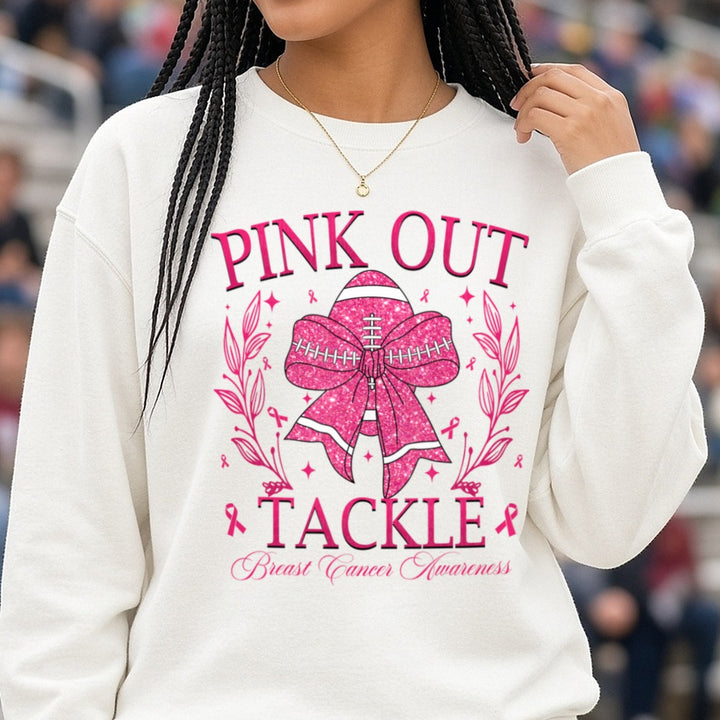 Pink Out Tackle Breast Cancer Awareness Pink Glitter Bow DTF transfer shown on a Comfort Colors sweatshirt