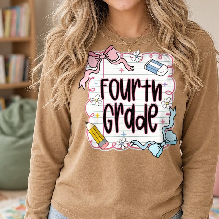 Fourth Grade Notebook Paper Pink Bow Pencil DTF transfer shown on a Comfort Colors long sleeve tee