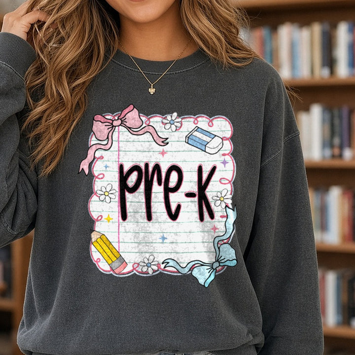 pre k DTF transfer shown on a Comfort Colors sweatshirt
