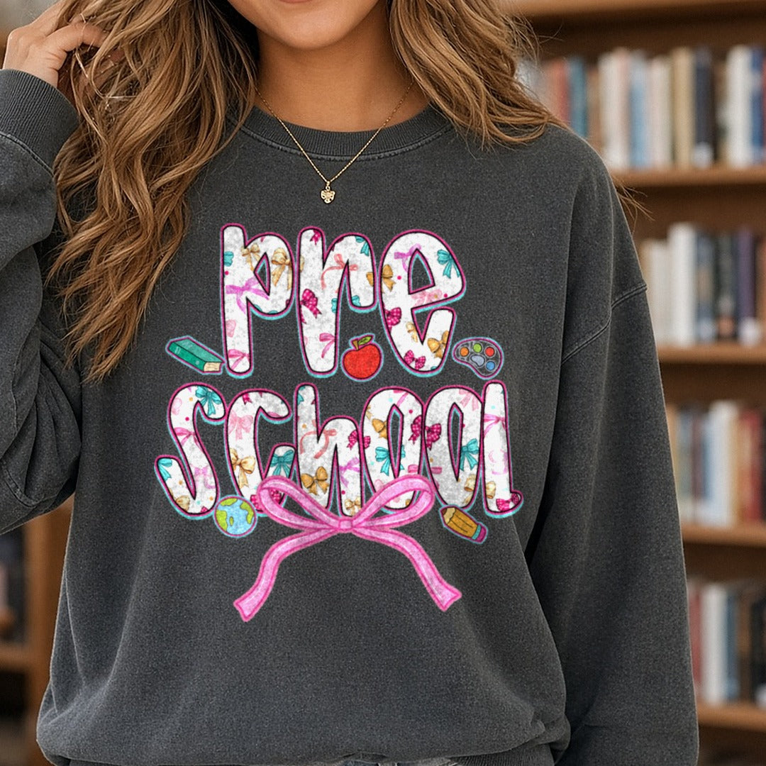 pre school DTF transfer shown on a Comfort Colors sweatshirt