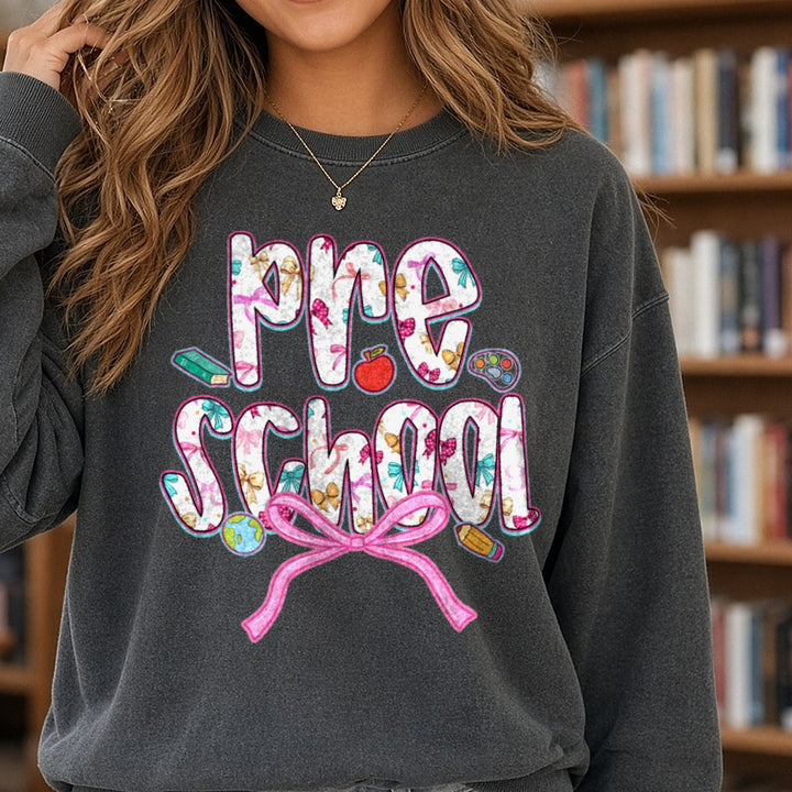 pre school DTF transfer shown on a Comfort Colors sweatshirt