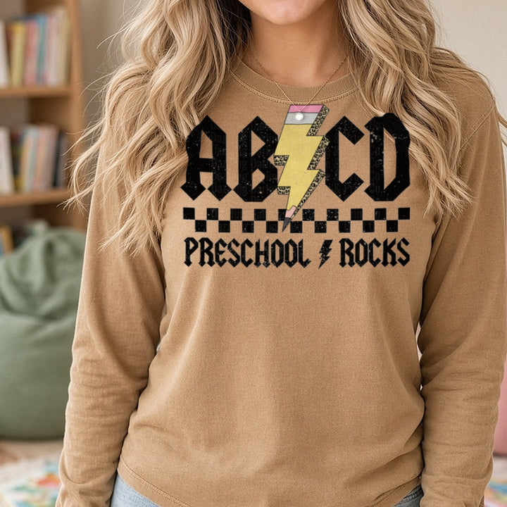 ABCD Preschool Rock DTF transfer shown on a Comfort Colors long sleeve tee
