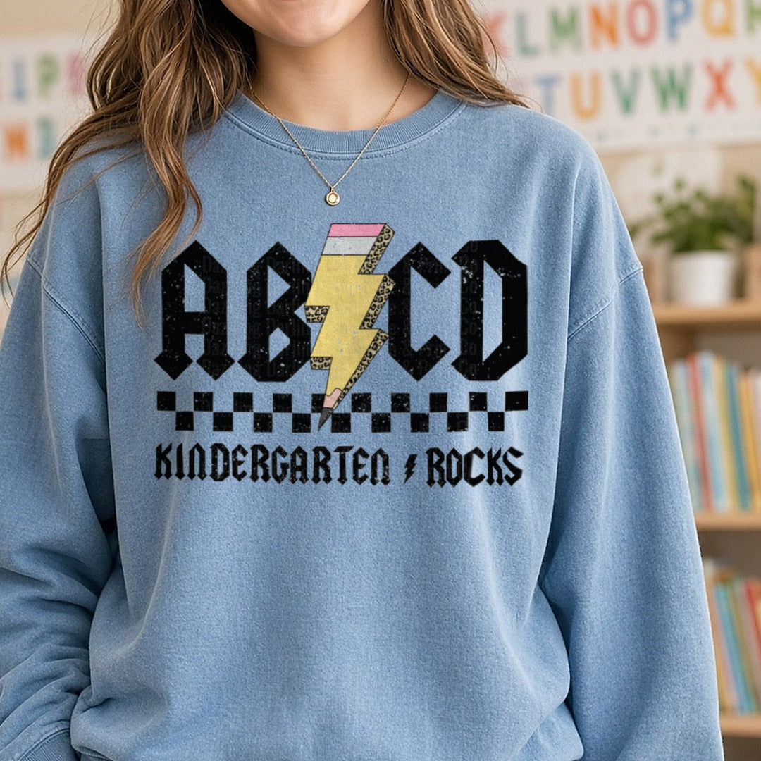 ABCD Kindergarten Rock DTF transfer shown on a Comfort Colors sweatshirt