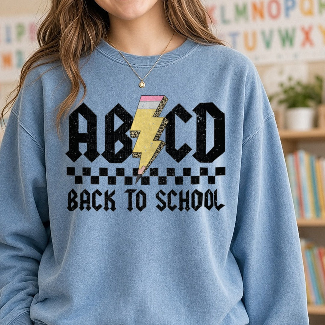 ABCD Back To School DTF transfer shown on a Comfort Colors sweatshirt