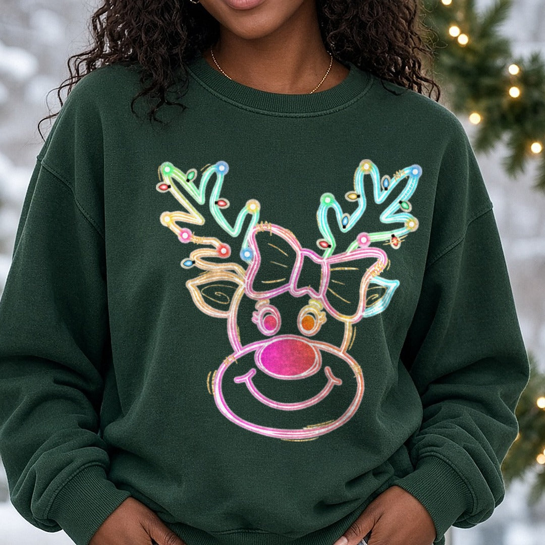 Reindeer Neon DTF transfer shown on a Comfort Colors sweatshirt