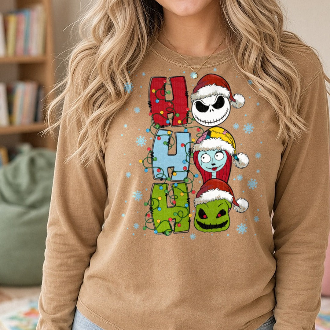 Ho Ho Ho DTF transfer shown on a Comfort Colors long sleeve tee