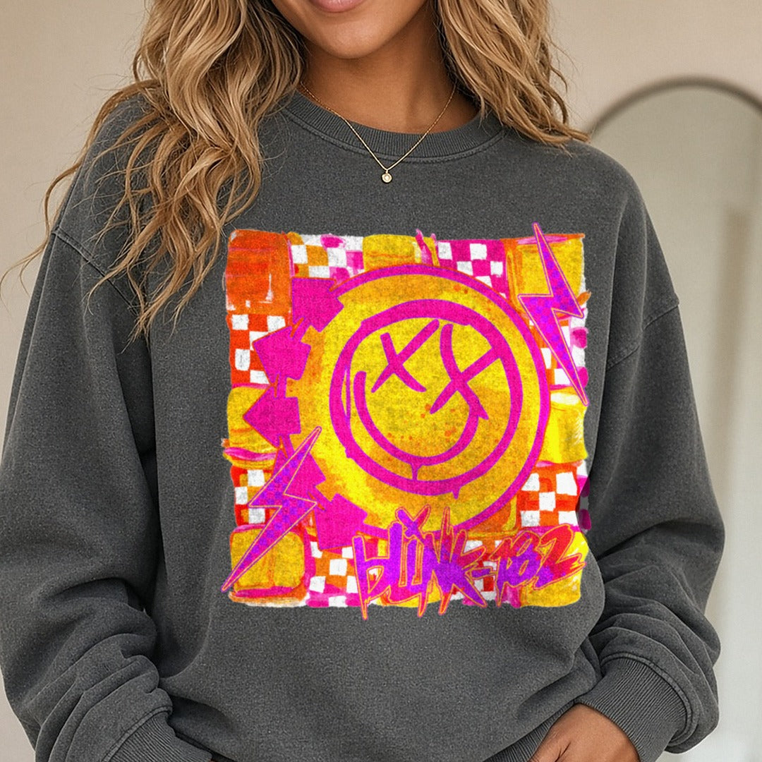Rock Band DTF transfer shown on a Comfort Colors sweatshirt
