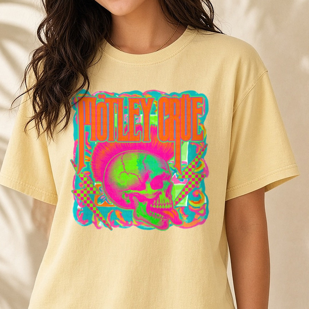 Rock Band Neon Mohawk Skull Pink Lettering DTF transfer shown on a Comfort Colors tee