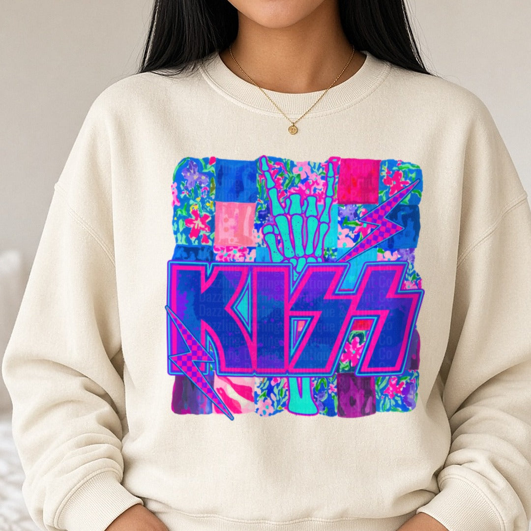 Rock Band Neon Skeleton Hand Blue Lightning Letters DTF transfer shown on a Comfort Colors sweatshirt