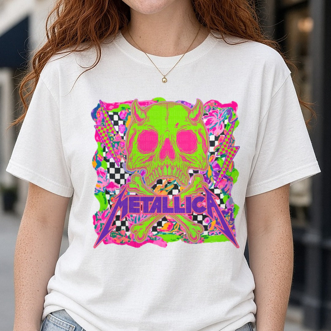 Rock Band Neon Devil Skull Checkered Pointed Letters DTF transfer shown on a Comfort Colors tee