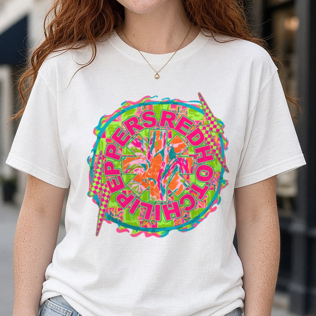 Rock Band Neon Circle Text Badge Checkered DTF transfer shown on a Comfort Colors tee