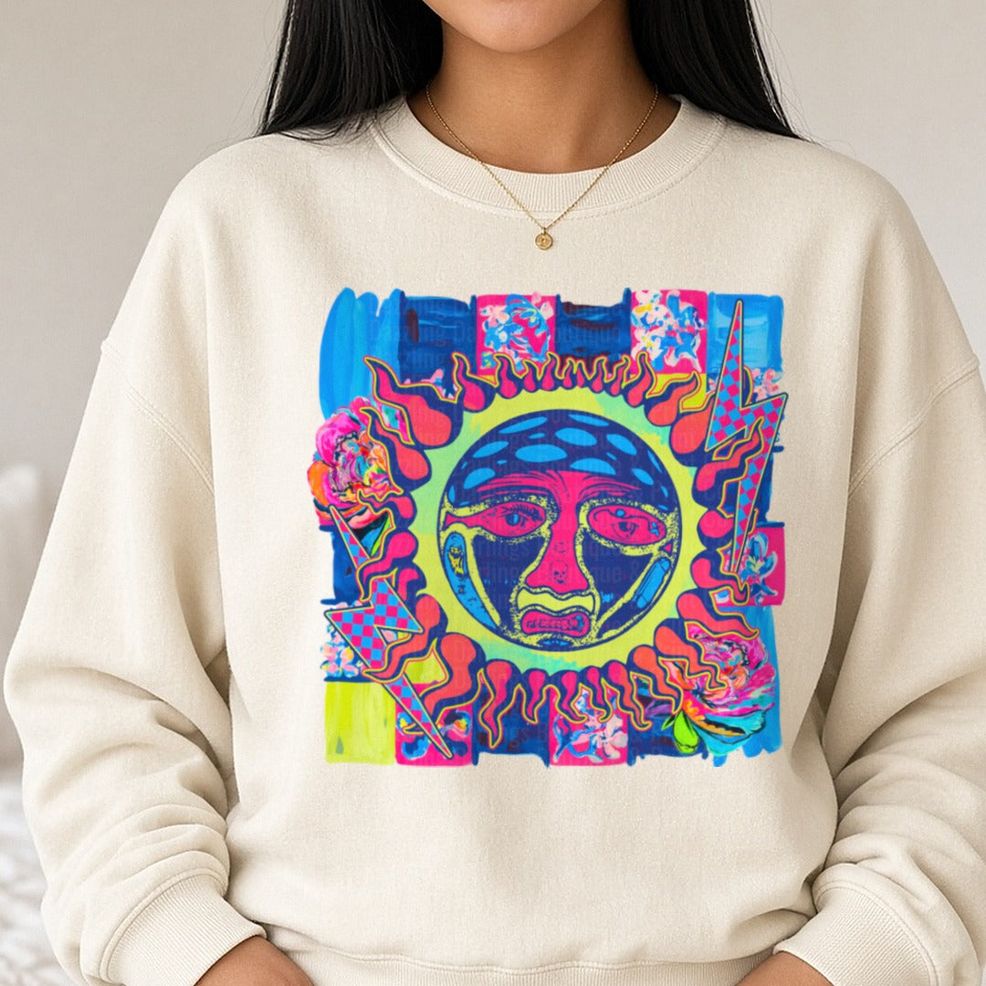 Rock Band Neon Sun Face Flames DTF transfer shown on a Comfort Colors sweatshirt