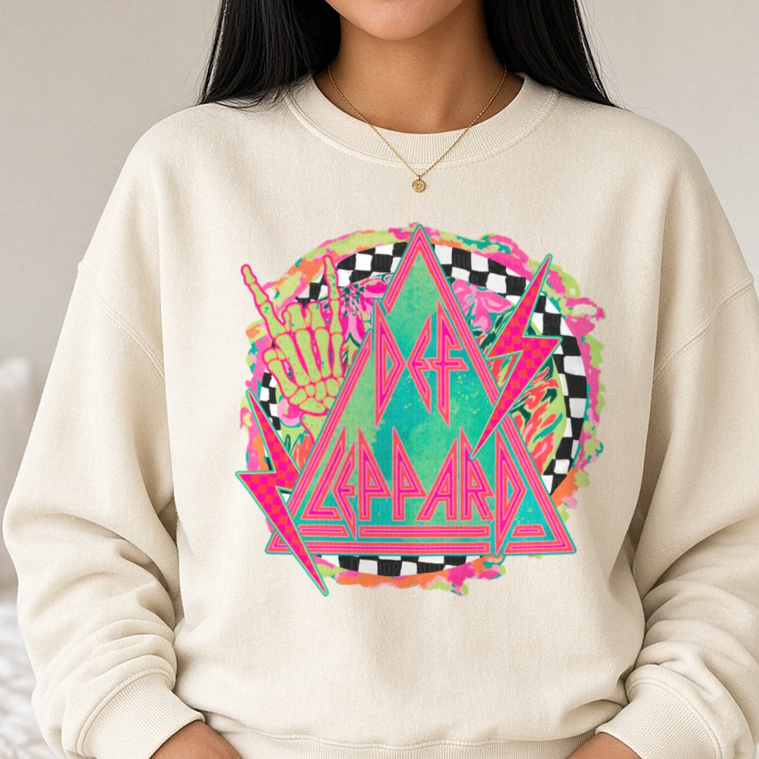 Rock Band Neon Triangle Logo Skeleton Hand DTF transfer shown on a Comfort Colors sweatshirt